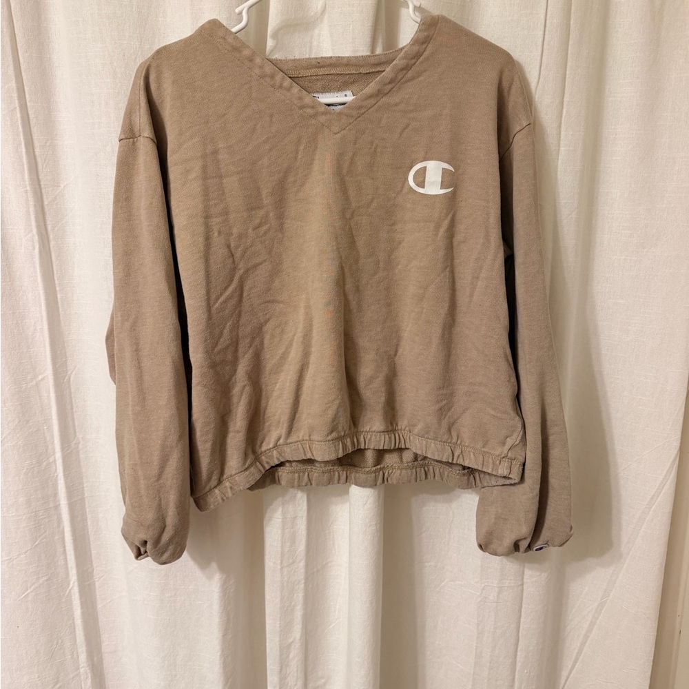 Champion Taupe V-Neck Cropped Sweatshirt